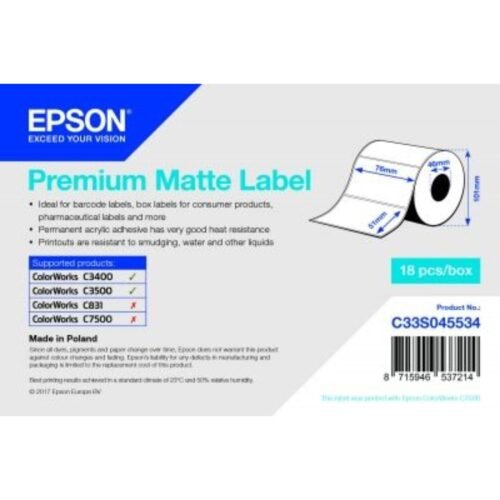 Premium Matte Label Roll 76 x 51 mm (650 labels) ColorWorks C3500 Epson C33S045534