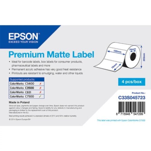 Premium Matte paper labels 102x76 mm, 1570 labels/roll, 76 mm core Epson C33S045723