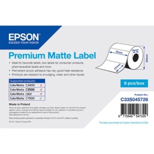 Premium Matte paper labels 76x127 mm, 960 labels/roll, 76 mm core Epson C33S045726