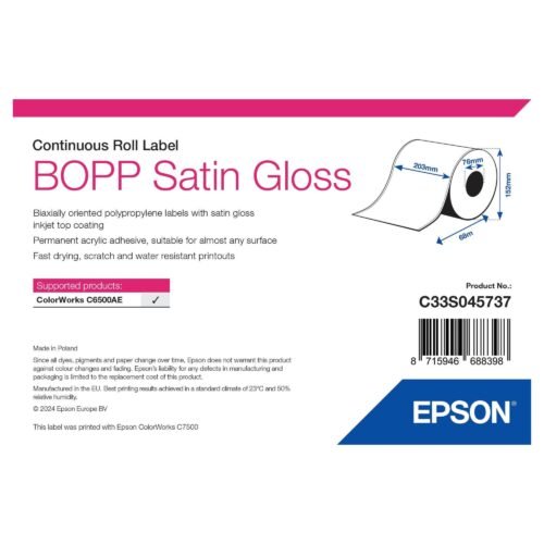 Synthetic labels BOPP Satin Gloss 203 mm x 68 m, continuous roll, 76 mm core Epson C33S045737