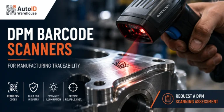 DPM barcode scanner reading a Data Matrix code marked on a metal manufacturing component